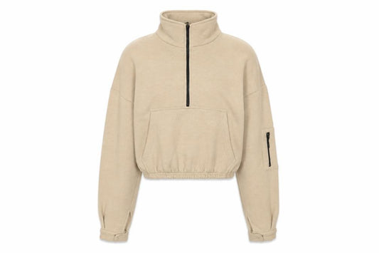 Front view of PRETTYLITTLETHING women’s beige polyester pullover sweatshirt, size S, zip