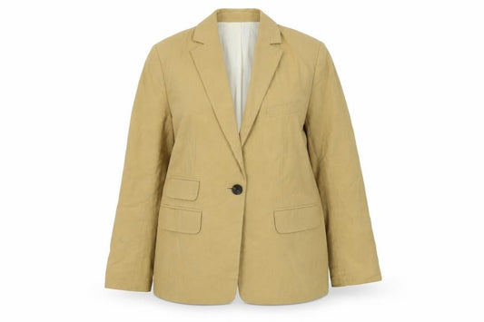 Front view of Topshop women’s beige jacket, size UK 12, button