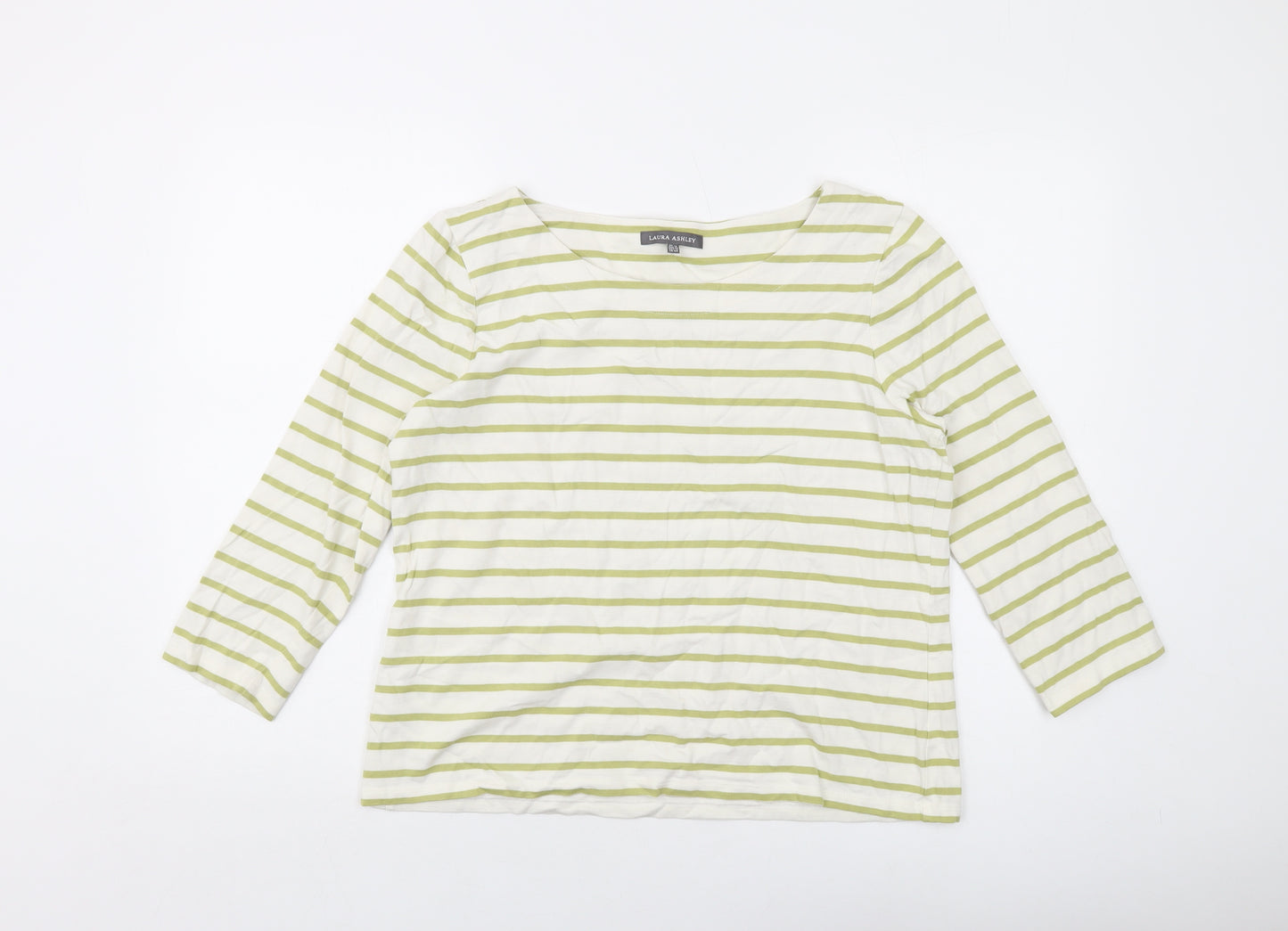 Laura Ashley Womens Ivory Striped Cotton Basic T-Shirt Size 14 Round Neck