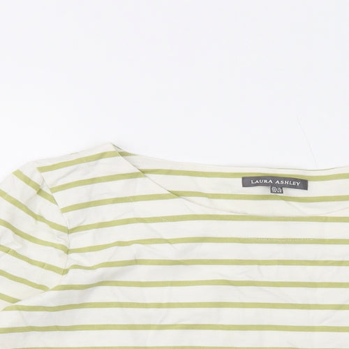 Laura Ashley Womens Ivory Striped Cotton Basic T-Shirt Size 14 Round Neck