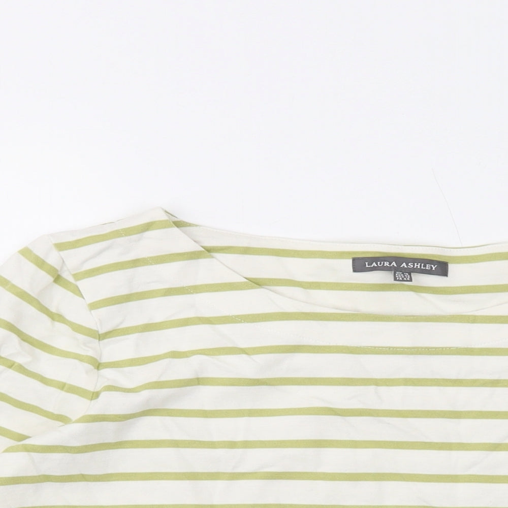 Laura Ashley Womens Ivory Striped Cotton Basic T-Shirt Size 14 Round Neck