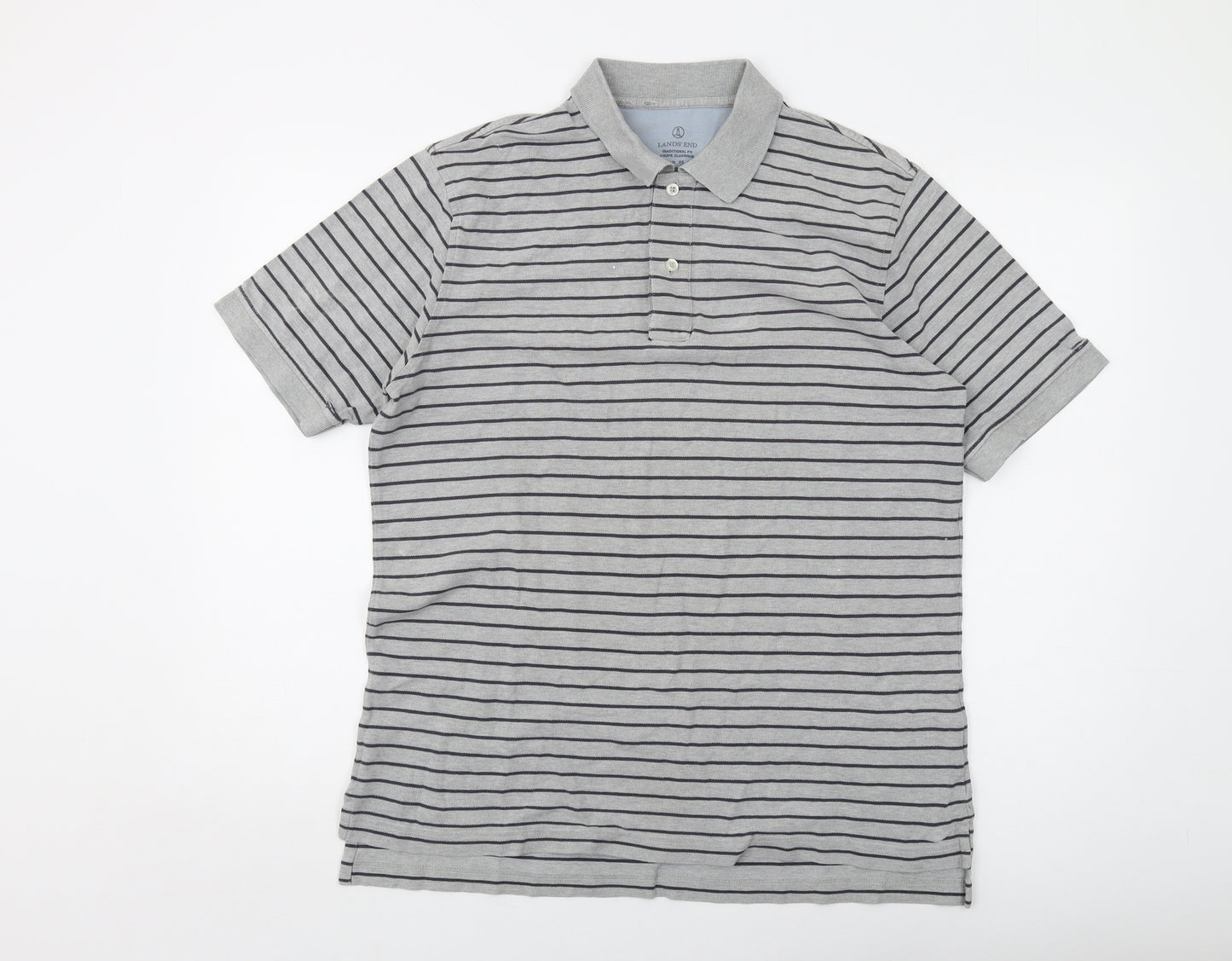 Lands' End Mens Grey Striped Cotton Polo Size M Collared Button