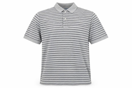 Front view of Lands' End men’s grey striped cotton polo, size M, collared button