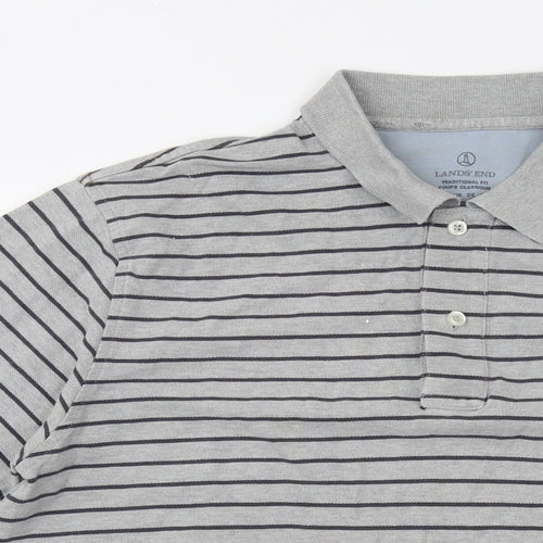 Lands' End Mens Grey Striped Cotton Polo Size M Collared Button