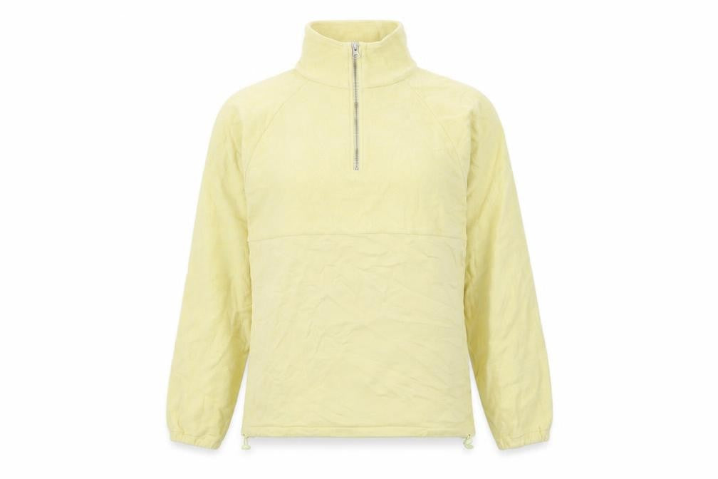Front view of Less Basics women’s yellow cotton pullover sweatshirt, size S, zip