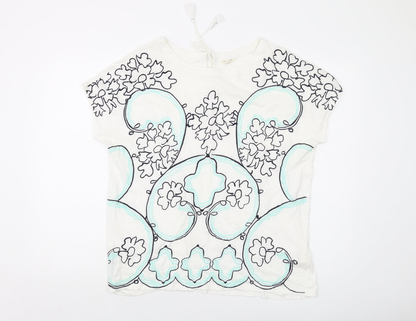 White Stuff Womens Ivory Geometric Cotton Basic T-Shirt Size 18 Round Neck