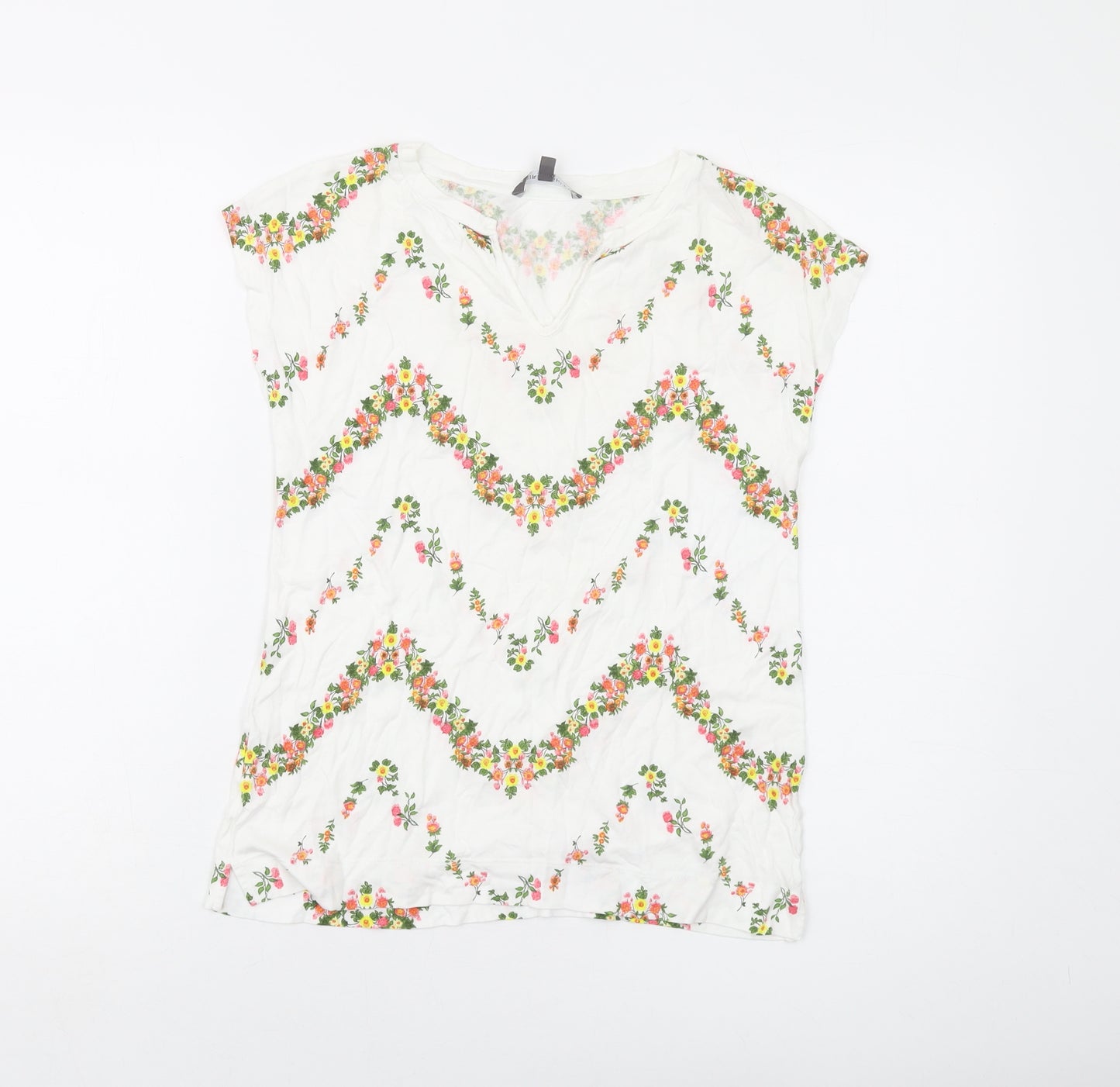 Laura Ashley Womens White Floral Cotton Basic T-Shirt Size 8 V-Neck