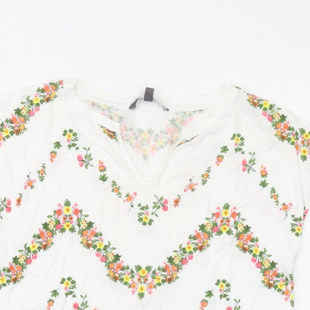 Laura Ashley Womens White Floral Cotton Basic T-Shirt Size 8 V-Neck