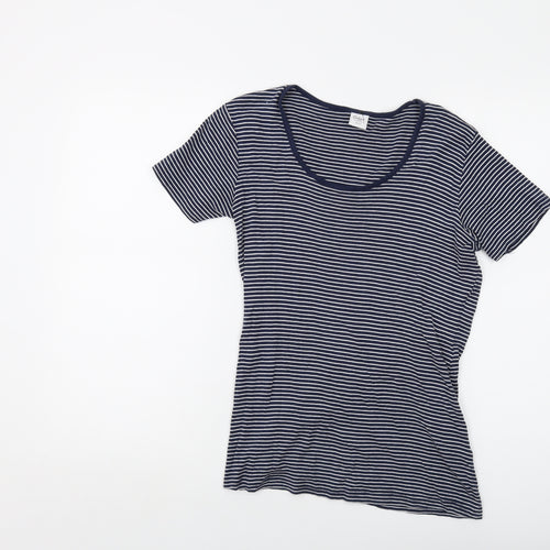 Cotton Traders Womens Blue Striped Cotton Basic T-Shirt Size 10 Round Neck