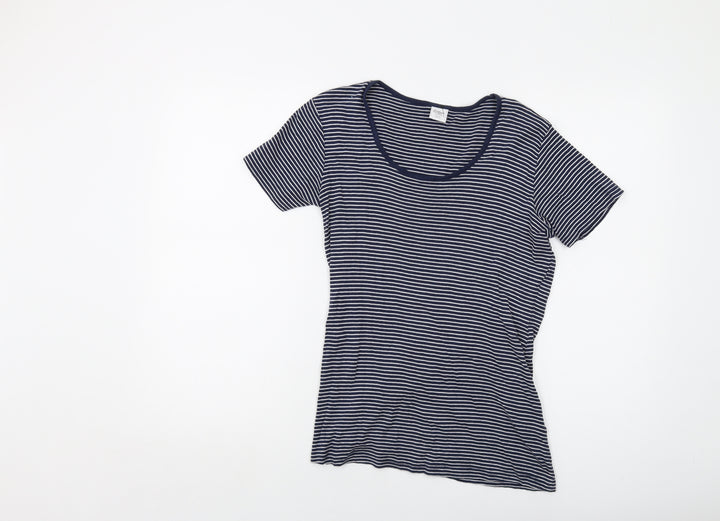 Cotton Traders Womens Blue Striped Cotton Basic T-Shirt Size 10 Round Neck