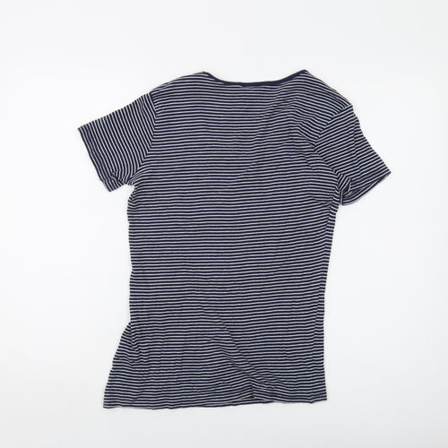 Cotton Traders Womens Blue Striped Cotton Basic T-Shirt Size 10 Round Neck