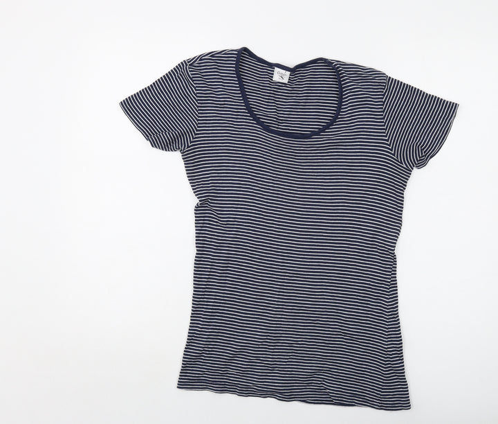 Cotton Traders Womens Blue Striped Cotton Basic T-Shirt Size 10 Round Neck