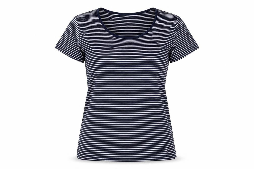 Front view of Cotton Traders women’s blue striped cotton basic t-shirt, size UK 10, round neck