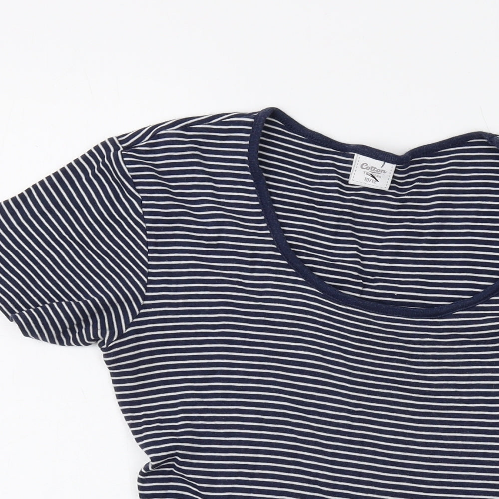 Cotton Traders Womens Blue Striped Cotton Basic T-Shirt Size 10 Round Neck