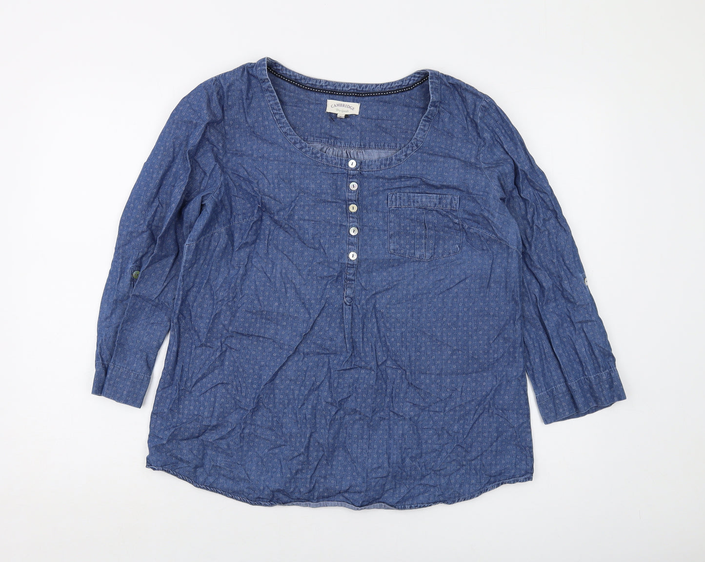 Cambridge Womens Black Geometric Cotton Basic Blouse Size L Round Neck