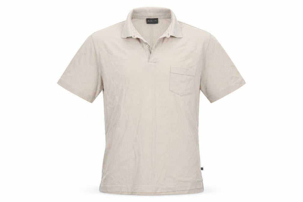Front view of Mario Barutti men’s beige cotton polo, size M, collared button