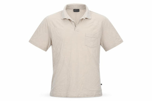 Front view of Mario Barutti men’s beige cotton polo, size M, collared button