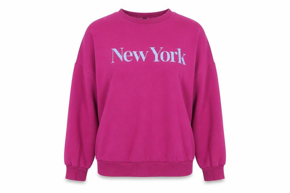 Front view of New York women’s purple cotton pullover sweatshirt, size S, pullover