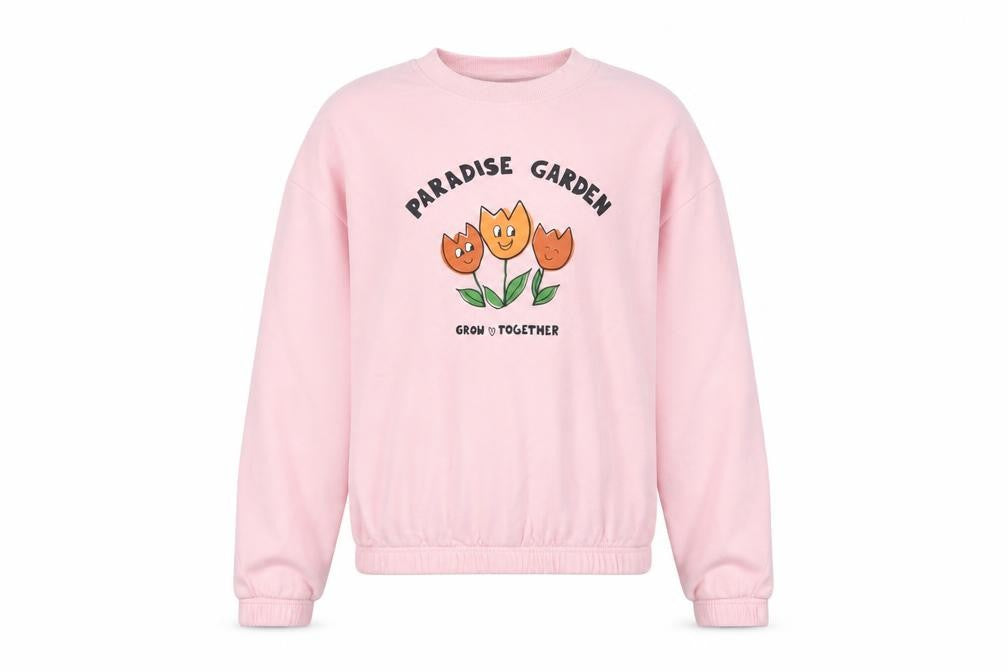Front view of John Lewis girls’ pink cotton pullover sweatshirt, size 8, years pullover