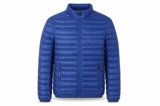 Front view of Marks & Spencer men’s blue puffer jacket jacket, size S, zip