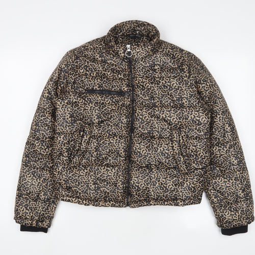 Select Womens Brown Animal Print Quilted Coat Size 8 Zip