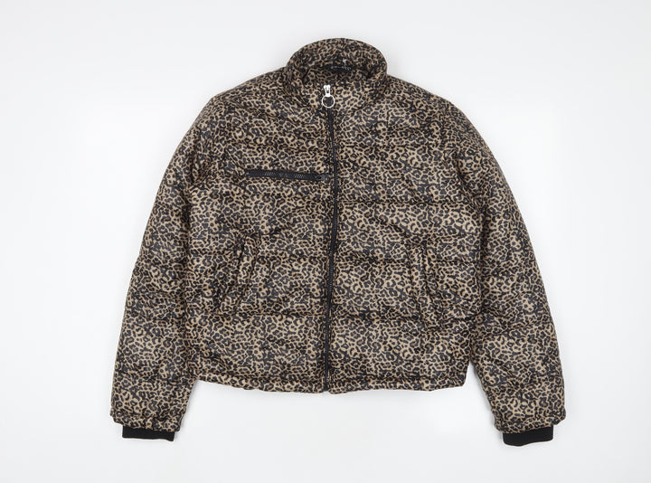 Select Womens Brown Animal Print Quilted Coat Size 8 Zip