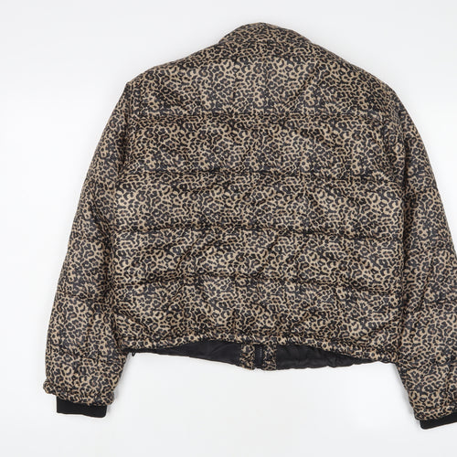 Select Womens Brown Animal Print Quilted Coat Size 8 Zip