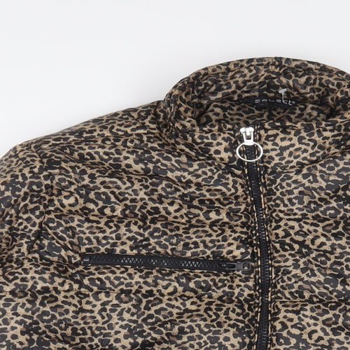 Select Womens Brown Animal Print Quilted Coat Size 8 Zip