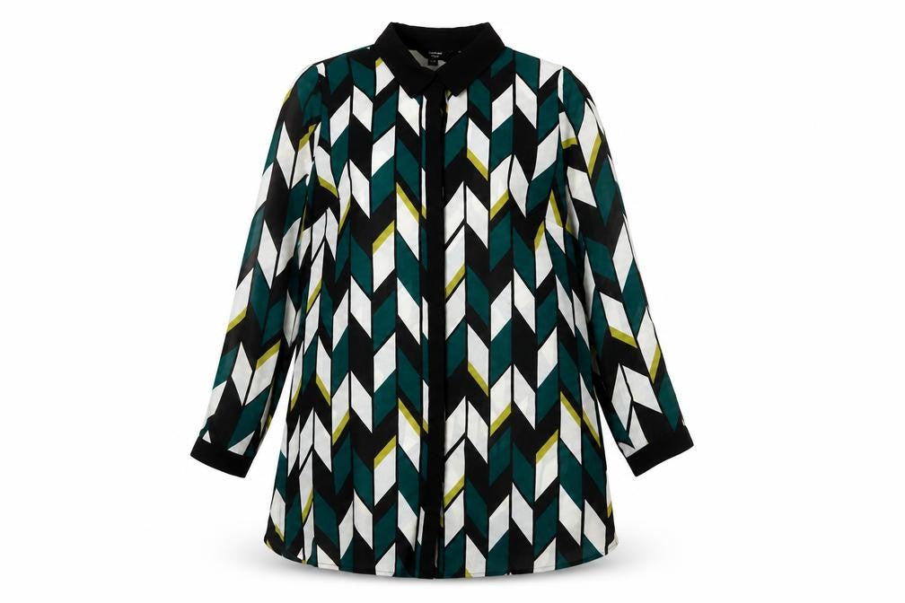 Front view of Joanna Hope women’s multicoloured geometric polyester shirt dress, size UK 16, collared button