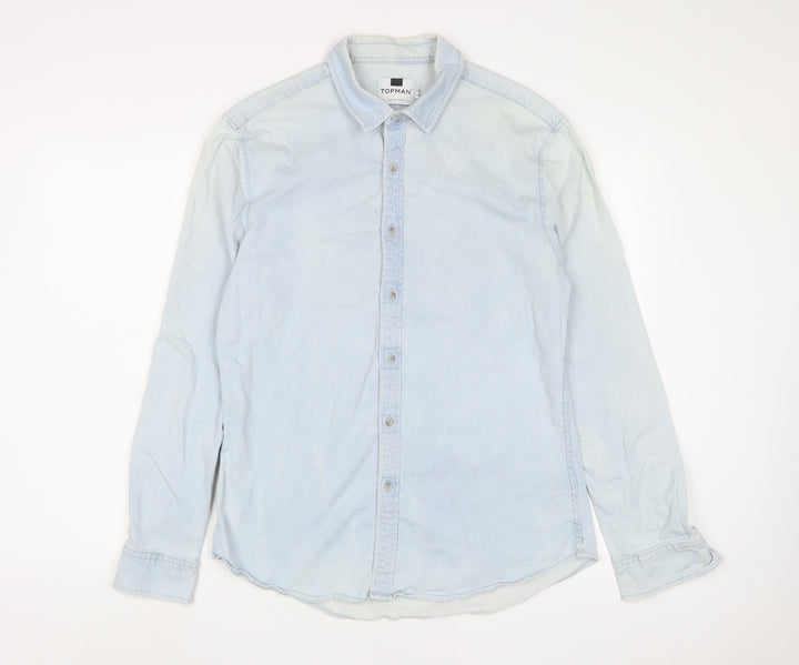 Topman Mens Blue Cotton Button-Up Size L Collared Button