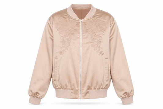 Front view of New Look women’s pink jacket, size UK 12, zip - embroidered