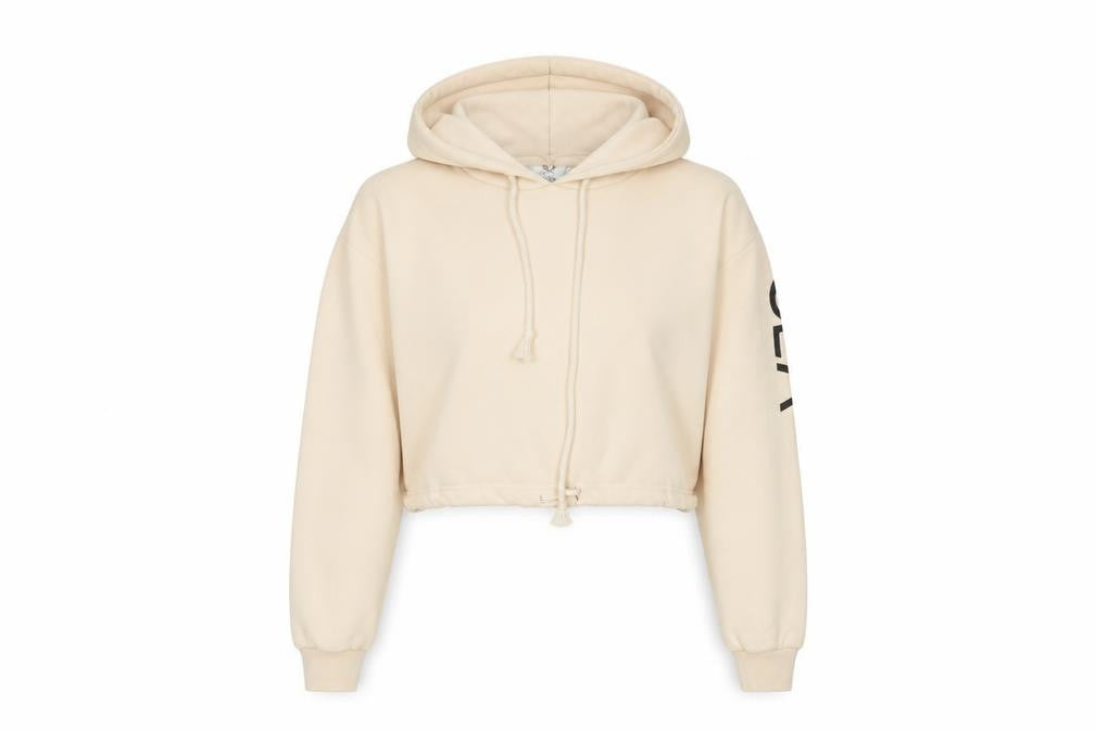Front view of SLA women’s beige cotton pullover hoodie, size S, pullover