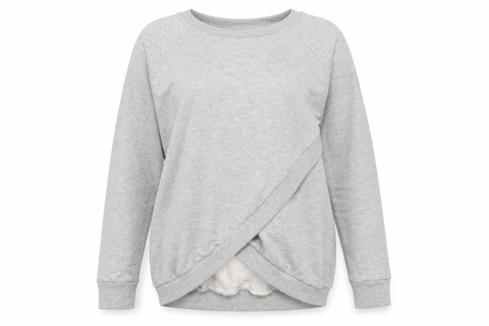 Front view of Seraphine women’s grey cotton pullover sweatshirt, size M, pullover
