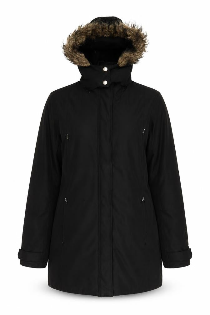 Front view of Etam women’s black parka coat, size UK 8, zip