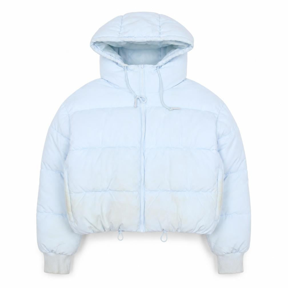 Front view of Monki women’s blue puffer jacket coat, size S, zip - zip pockets