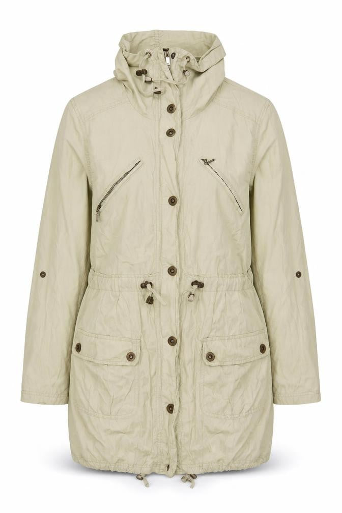 Front view of Debenhams women’s beige jacket, size UK 12, zip