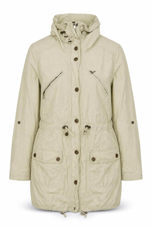Front view of Debenhams women’s beige jacket, size UK 12, zip