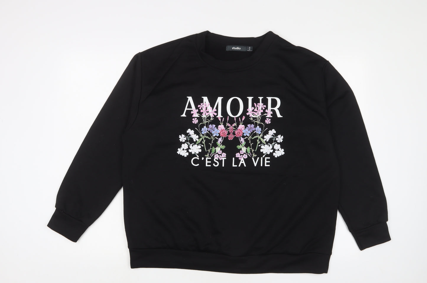 Studio Womens Black Polyester Pullover Sweatshirt Size 14 Pullover