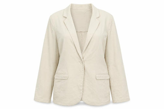 Front view of Philosophy women’s beige jacket, size L, button