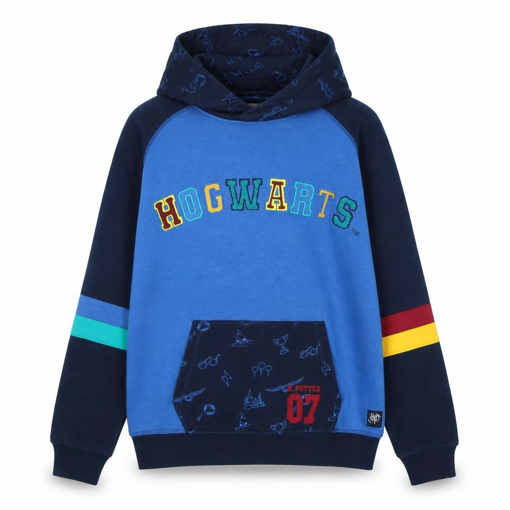 Front view of Marks & Spencer boys’ blue polyester pullover hoodie, size 13-14, years - hogwarts- harry potter