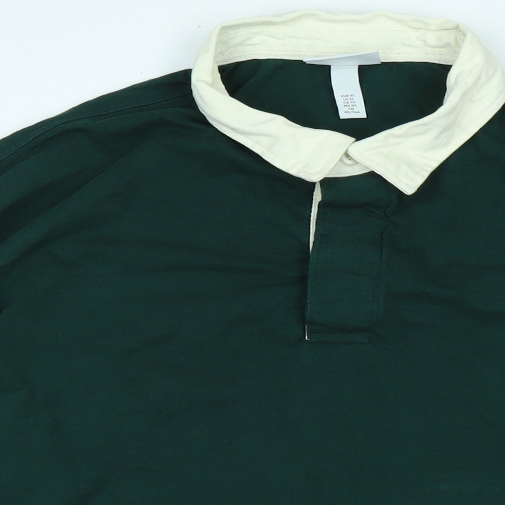 H&M Mens Green Cotton Polo Size XL Collared Button