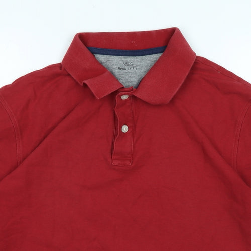 Marks and Spencer Mens Red Cotton Polo Size M Collared Button