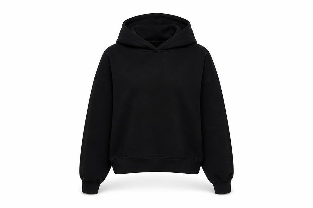 Front view of Zara women’s black polyester pullover hoodie, size S