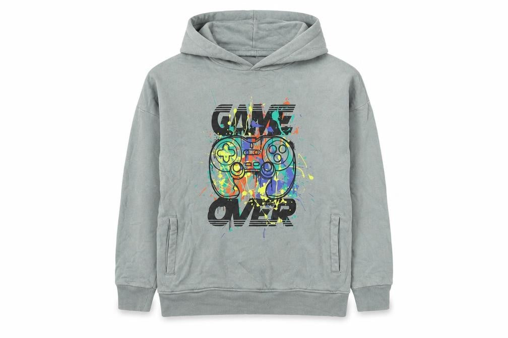 Front view of Next boys’ grey polyester pullover hoodie, size 13-14, years - game over