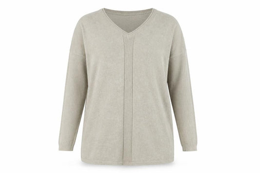 Front view of Next women’s gold v-neck polyester jumper, size UK 16