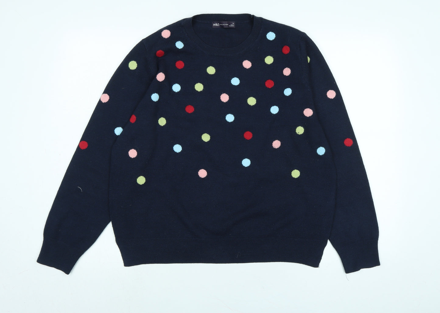 Marks and Spencer Womens Blue Crew Neck Polka Dot Acrylic Pullover Jumper Size 16