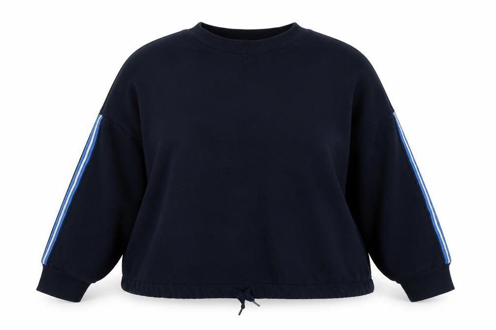 Front view of Marks & Spencer women’s blue polyester pullover sweatshirt, size L, - striped sleeves.