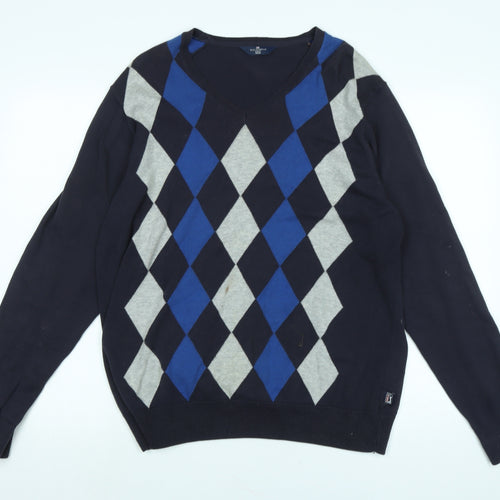 Marks and Spencer Mens Blue V-Neck Argyle/Diamond Cotton Pullover Jumper Size M Long Sleeve