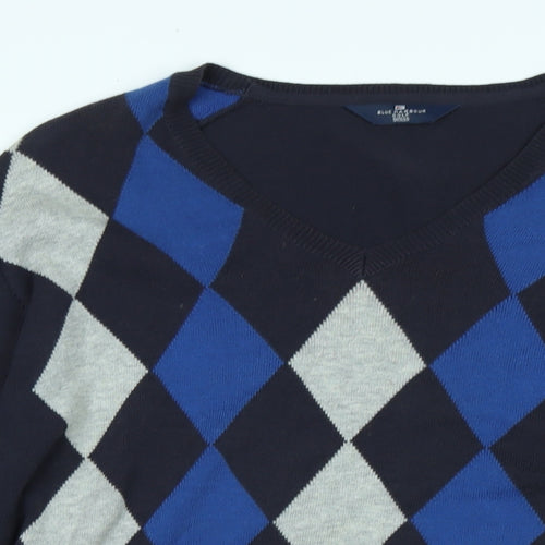 Marks and Spencer Mens Blue V-Neck Argyle/Diamond Cotton Pullover Jumper Size M Long Sleeve