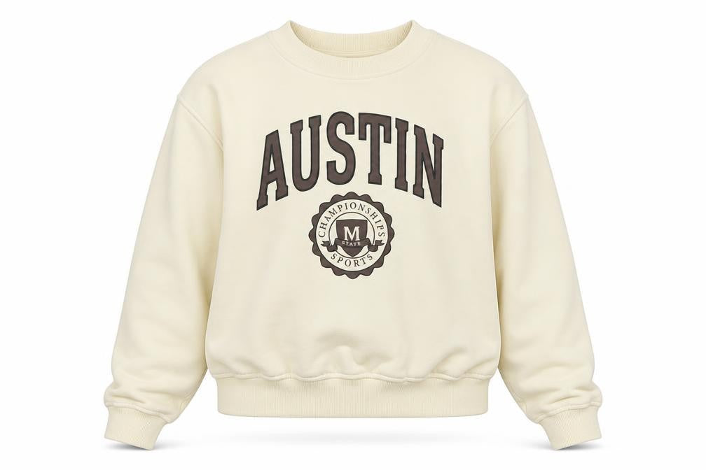 Front view of Divided women’s beige polyester pullover sweatshirt, size M, - austin championships